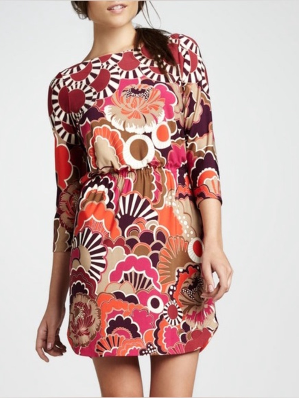 Ali Ro Vintage Floral Wave Print Long Sleeve Dress — Red, Pink, Brown, Cream